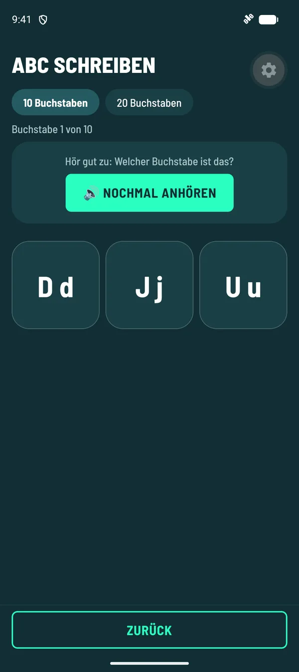 LernMonster-App: ABC schreiben: Buchstaben anhören und unter drei Kacheln den richtigen finden
