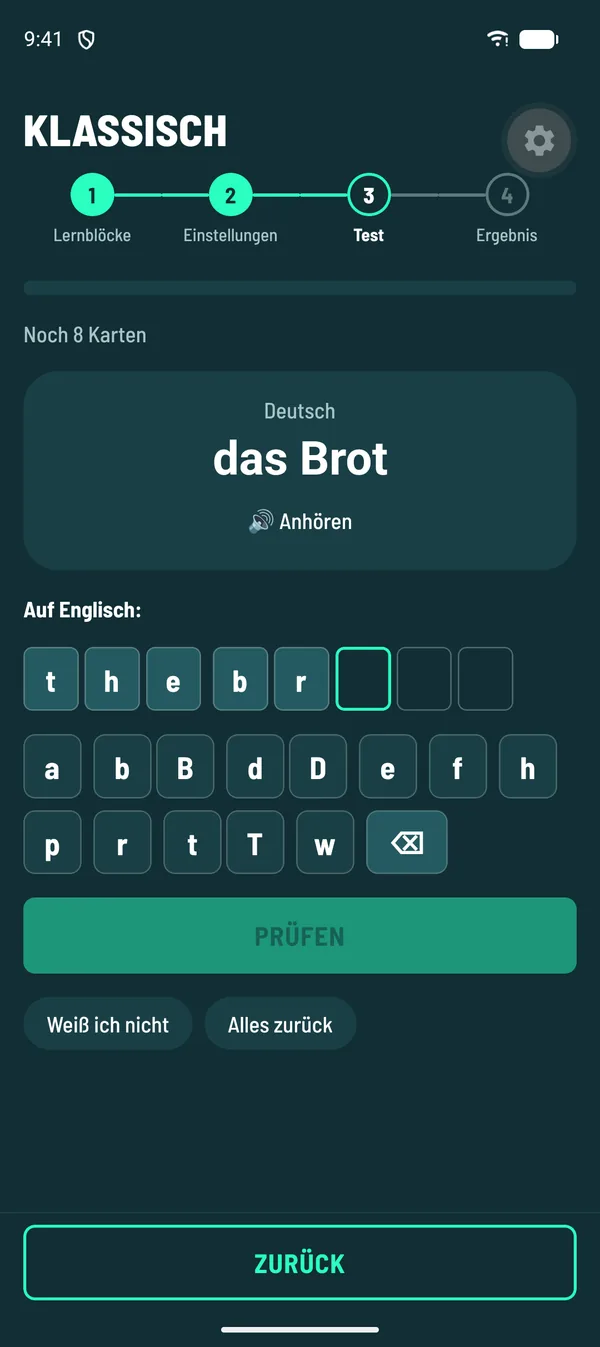 LernMonster-App: Abfrage „das Brot“, die Antwort wird mit Buchstaben-Kästchen gelegt