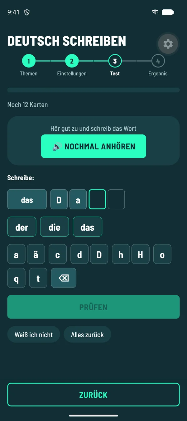 LernMonster-App: Diktat im Grundwortschatz Deutsch, das Wort wird vorgelesen und mit Buchstaben gelegt