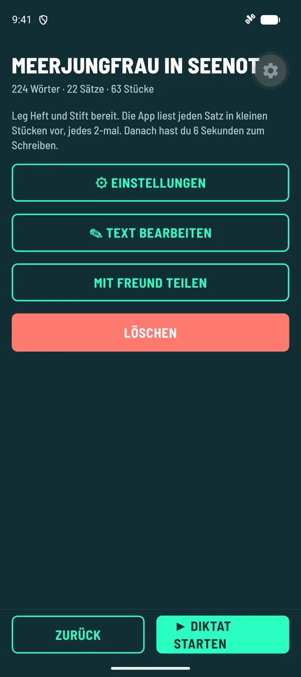 LernMonster-App: ein gespeichertes Diktat mit 224 Wörtern, bereit zum Vorlesen