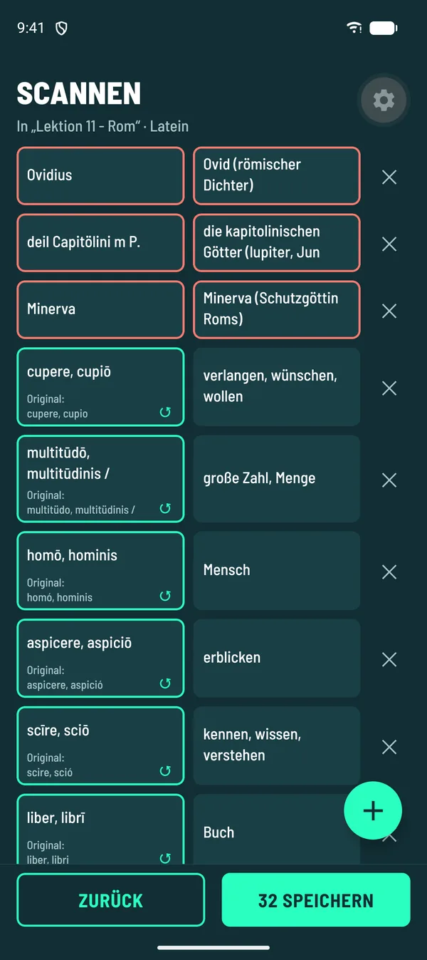 LernMonster-App: Korrekturliste nach dem Scannen einer Vokabelseite, acht Wortpaare Englisch und Deutsch
