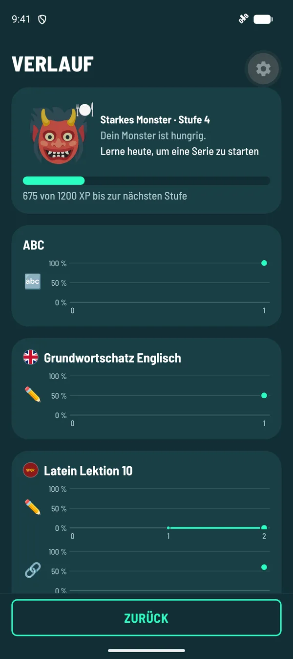 LernMonster-App: Verlauf mit dem Monster und einfachen Diagrammen pro Block, zum Beispiel ABC und Grundwortschatz Englisch