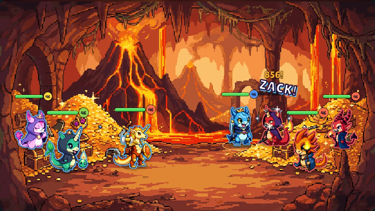 Monster-Arena: ein Kampf im Drachenhort, links das eigene Team aus vier Pixel-Monstern, rechts die Gegner vor Lava und Goldschätzen