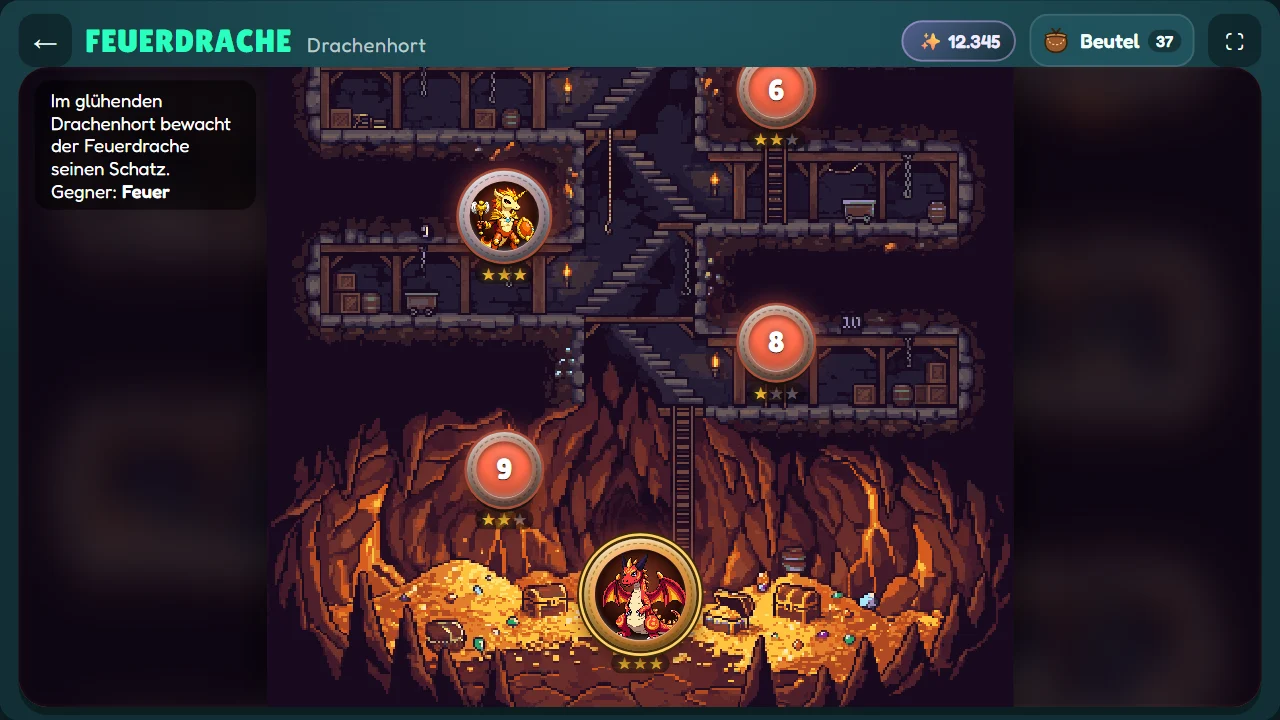 Monster-Arena: der Dungeon Drachenhort als Stollen mit zehn Ebenen, ganz unten der Feuerdrache auf seinem Goldschatz